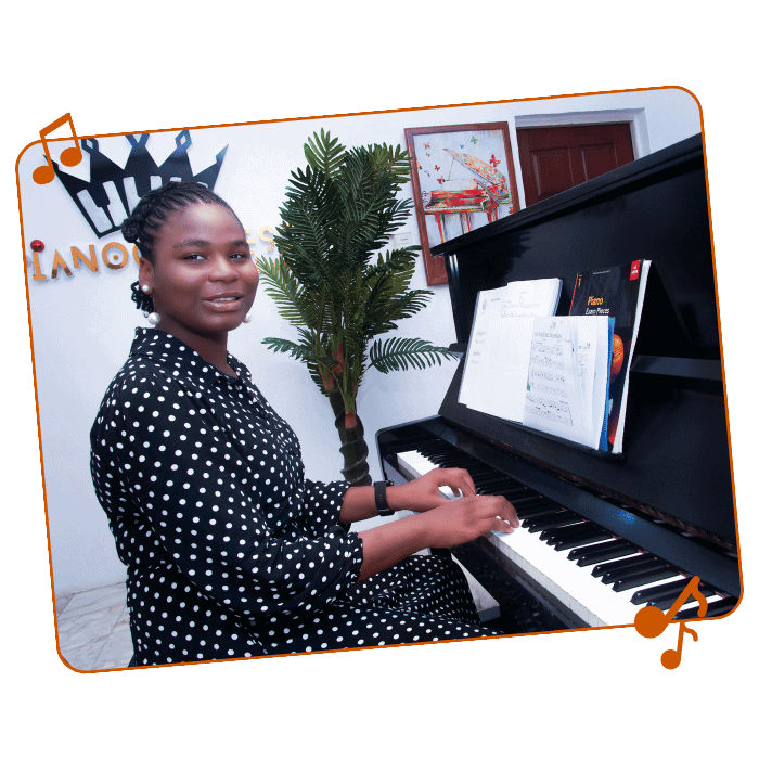 Young girl playing piano at Pianogoddess Academy summer class.