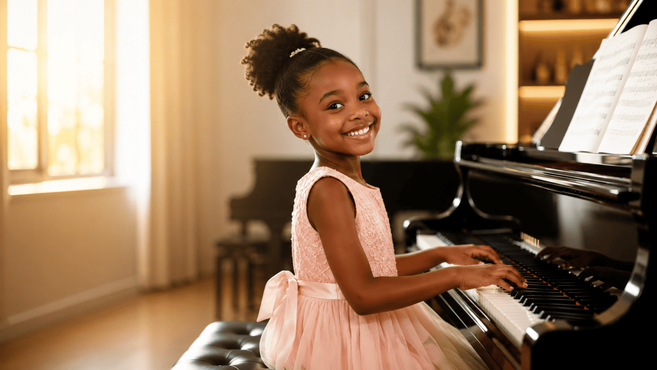 Young girl smiling while playing piano during Pianogoddess Academy Summer Class.