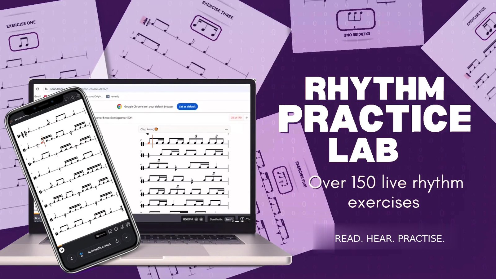 Rhythm Practice Lab with laptop and mobile rhythm demonstrations.